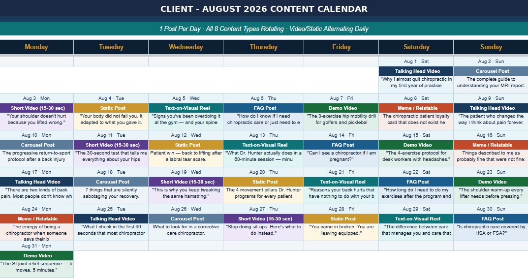 Monthly content calendar for a chiropractic clinic client