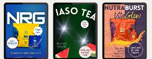 Facebook ad creative samples for NRG, IASO Tea, and Nutraburst VitaGlow